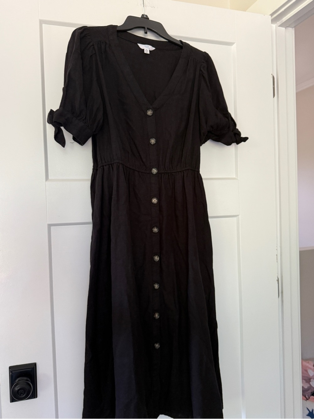 Black Button-Front V-Neck Midi Dress
